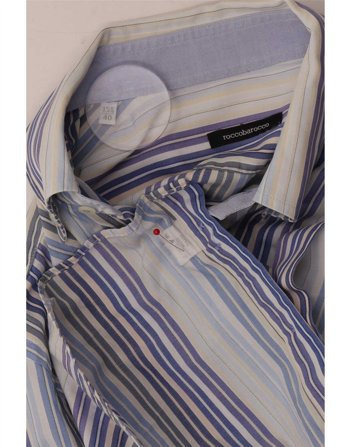 Camisa masculina Roccobarocco tamanho 40 15 3/4 algodão listrado azul médio