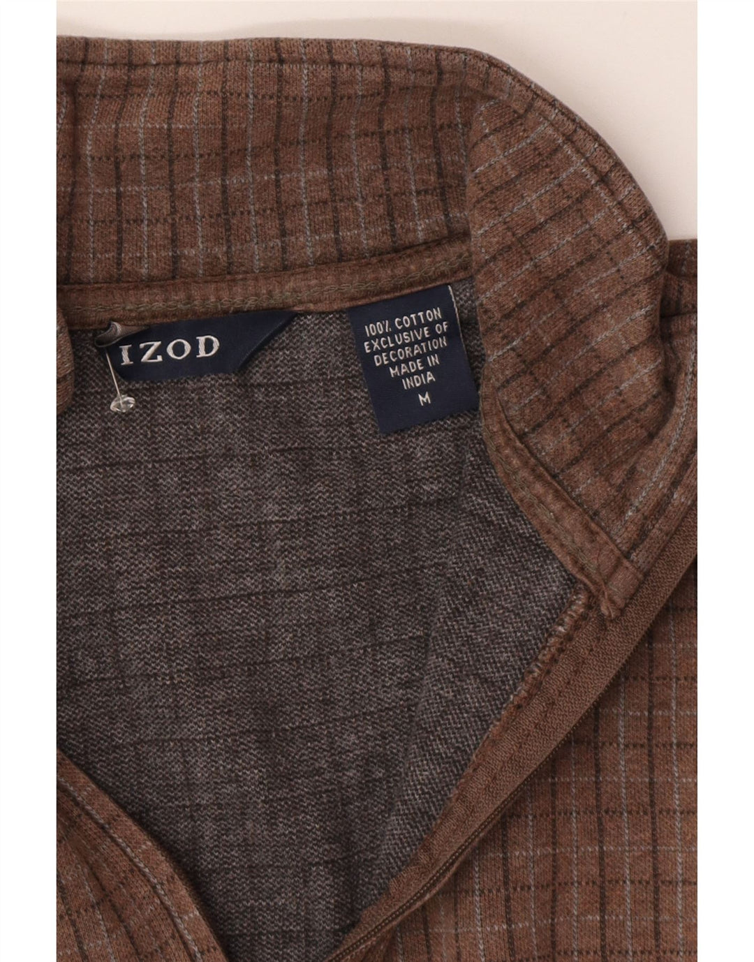 Suéter masculino Izod com zíper e gola em algodão xadrez médio marrom