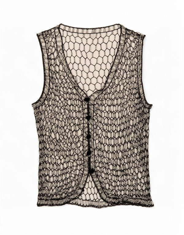 Blusa feminina vintage sem mangas de crochê top UK 14 médio preto