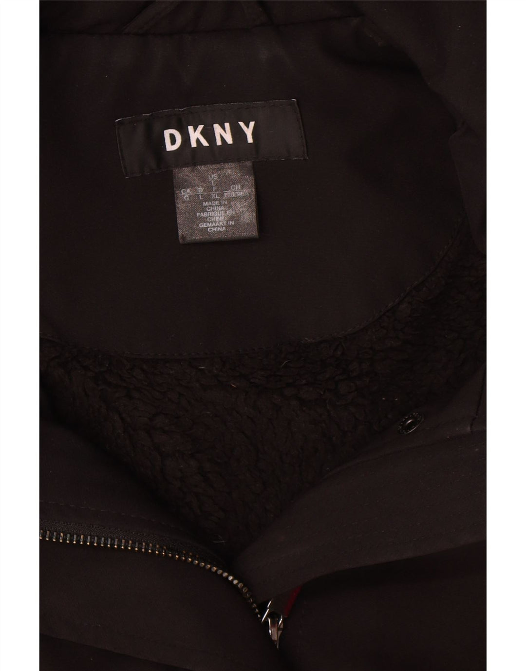 Sobretudo feminino Sherpa com capuz Dkny UK 16 grande poliéster preto