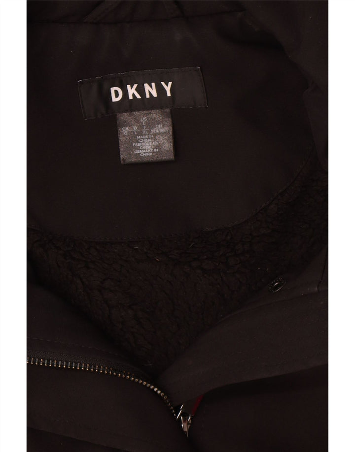 Sobretudo feminino Sherpa com capuz Dkny UK 16 grande poliéster preto