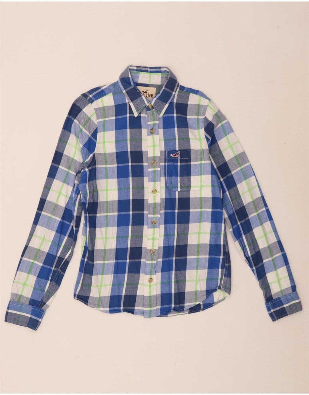 Camisa masculina de flanela Hollister de algodão xadrez azul médio