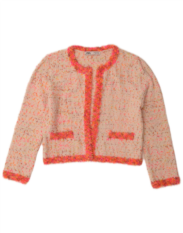 Jaqueta blazer aberta feminina Zara Reino Unido 10 poliéster manchado branco pequeno