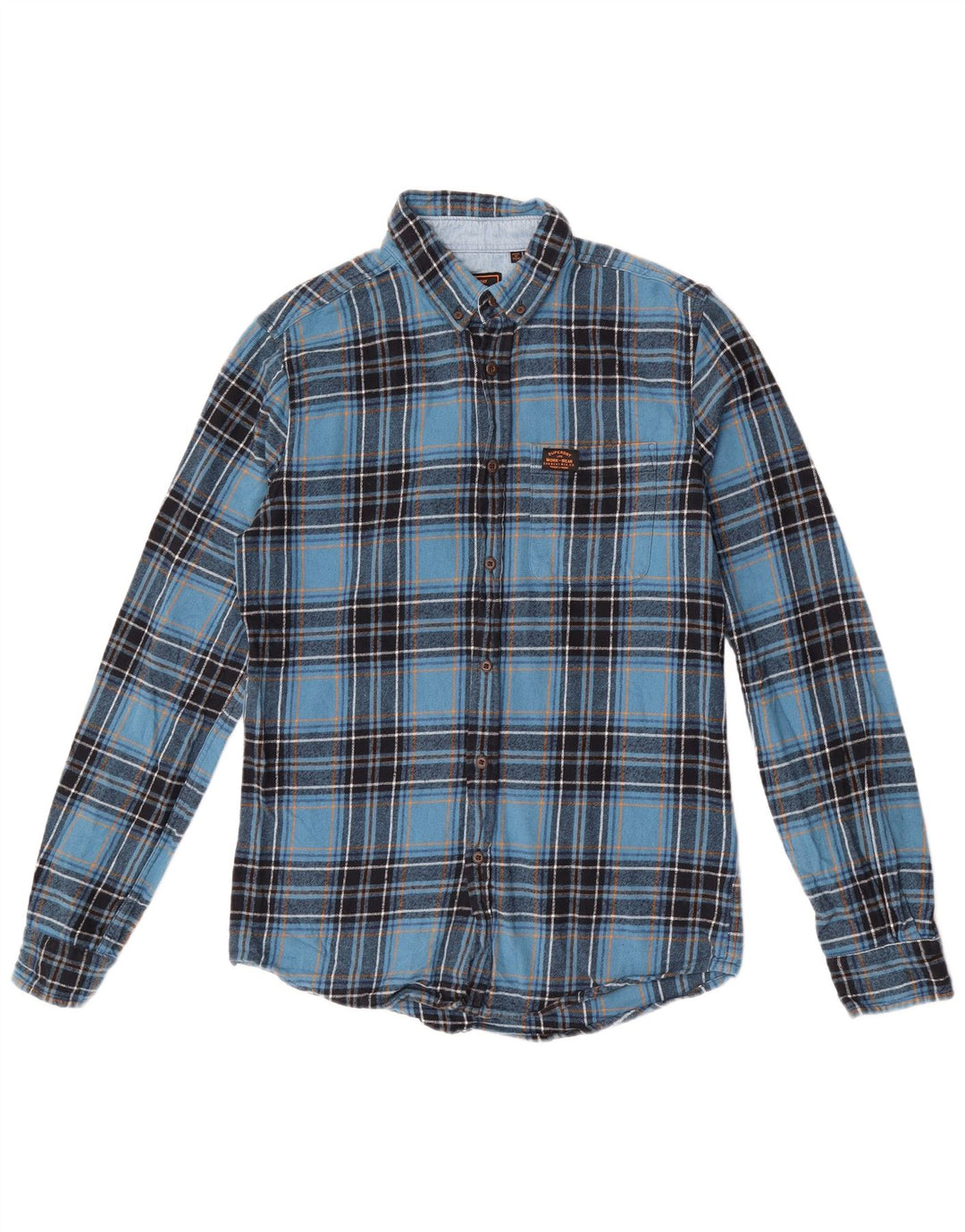 Camisa masculina de flanela Superdry pequena azul xadrez algodão