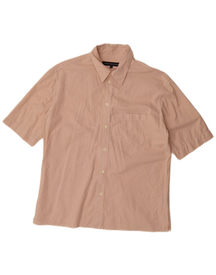 FRENCH CONNECTION Camisa masculina de manga curta grande bege algodão guingão