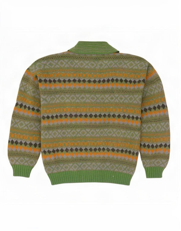 Vintage Mens Polo Neck Jumper Sweater Medium Green Fair Isle Wool
