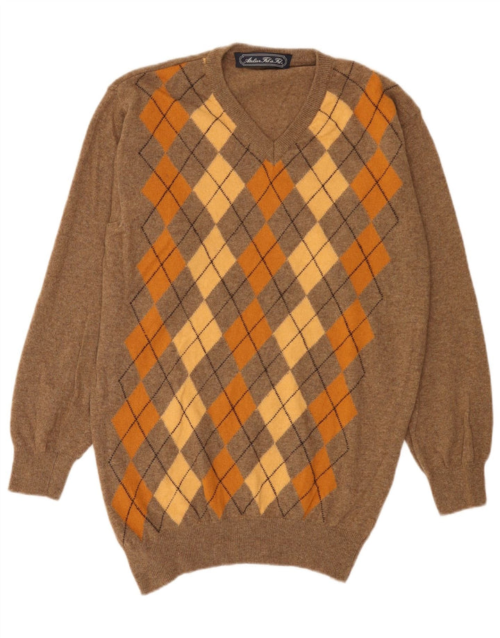 Suéter masculino vintage com decote em V XL marrom Argyle/lã diamante