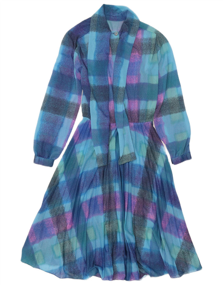 Vestido feminino vintage transparente de manga comprida evasê pequeno xadrez azul