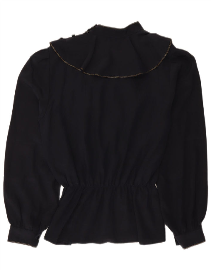 Blusa feminina vintage de manga comprida UK 14 médio azul marinho floral