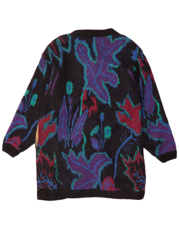 Suéter cardigã feminino vintage longline UK 18 XL preto floral