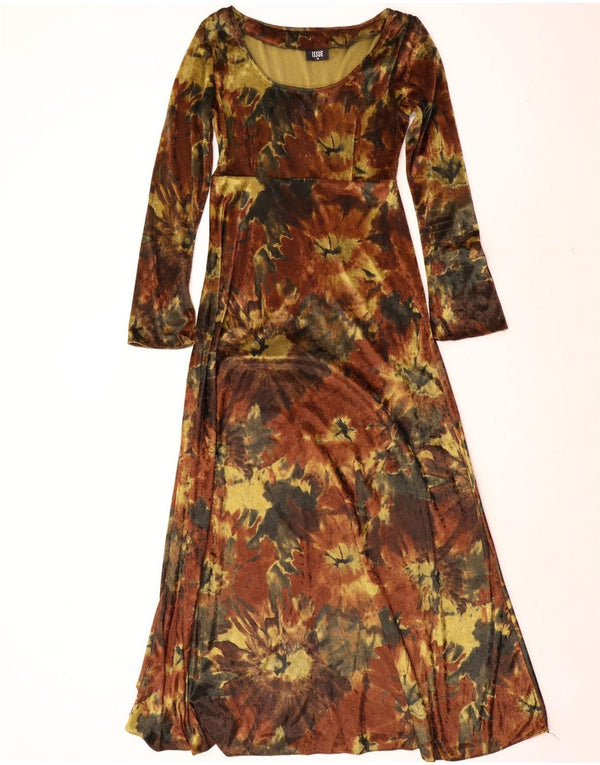 Vestido maxi feminino vintage de manga comprida em veludo UK 12 médio marrom tie-dye