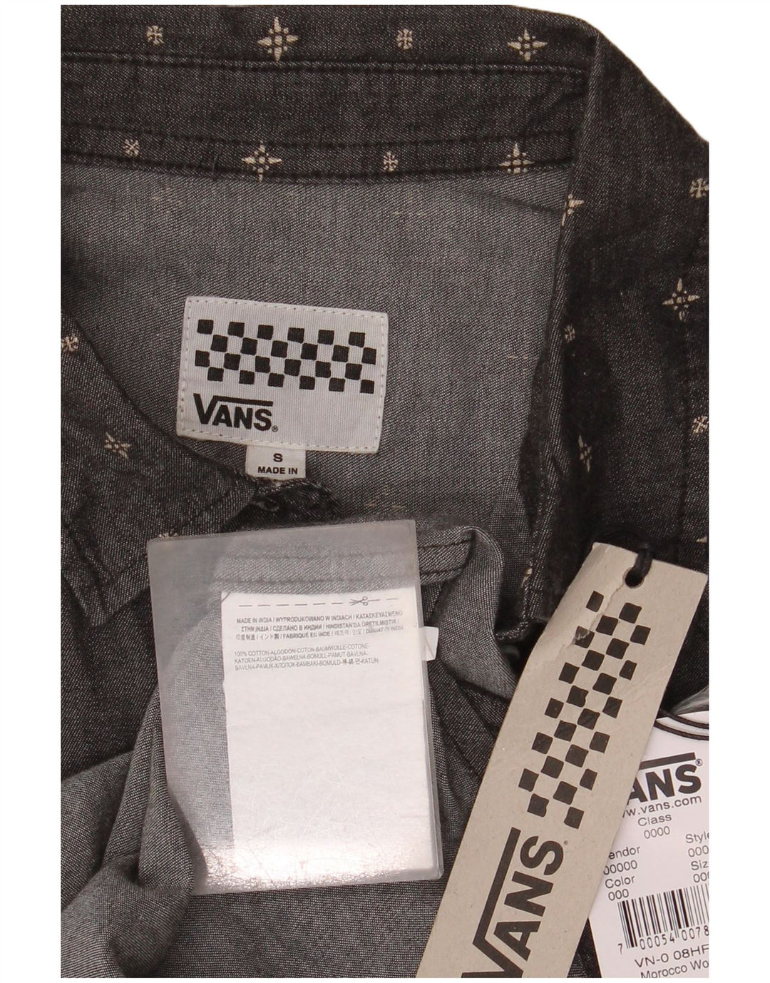 Camisa jeans feminina sem mangas VANS UK 10 pequena algodão manchado cinza