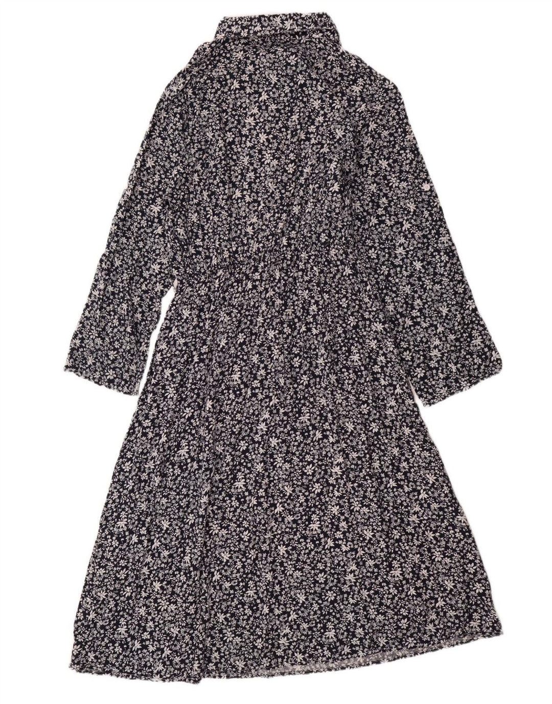 Vestido maxi feminino VINTAGE de manga comprida Reino Unido 14 grande algodão floral azul marinho