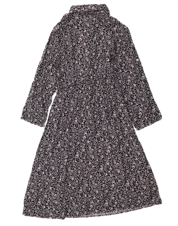 Vestido maxi feminino VINTAGE de manga comprida Reino Unido 14 grande algodão floral azul marinho