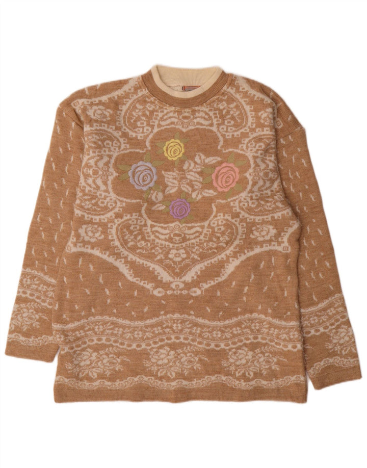 Suéter feminino Bernardi com gola redonda Reino Unido 14 lã Fair Isle bege médio
