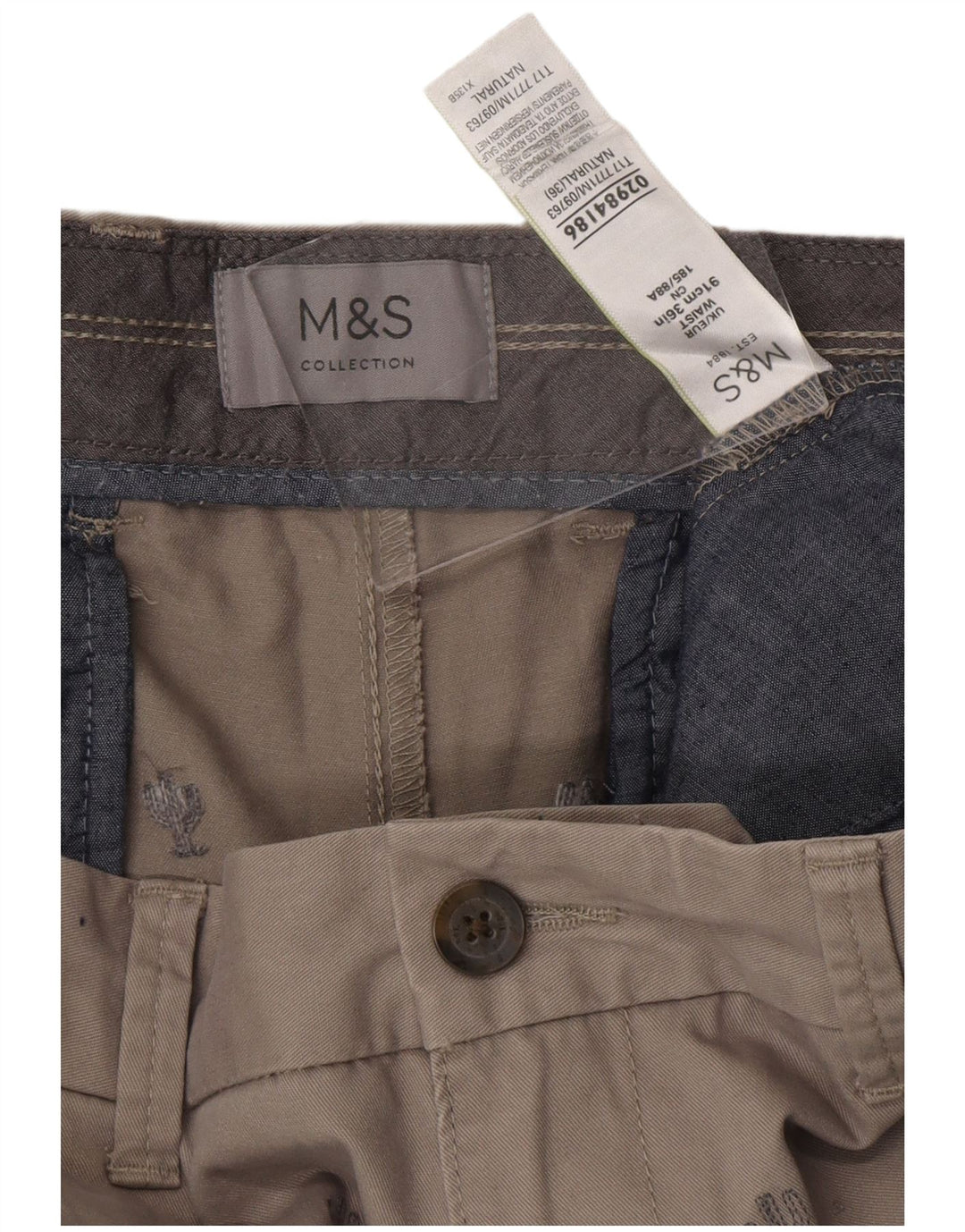 Shorts chino masculino MARKS & SPENCER W36 grande algodão manchado cinza