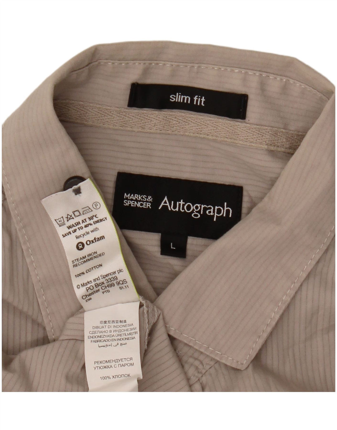 Camisa masculina de manga curta Marks & Spencer Autograph grande listrada bege
