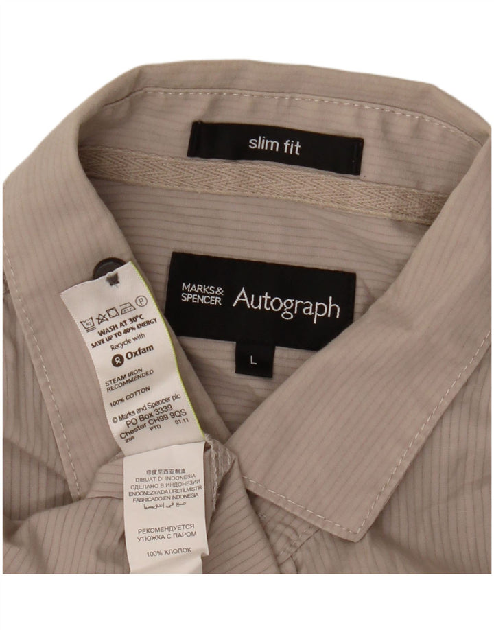 Camisa masculina de manga curta Marks & Spencer Autograph grande listrada bege
