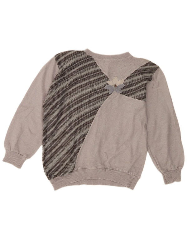 Vintage Womens Crew Neck Jumper Sweater UK 14 Medium Grey Striped Acrylic