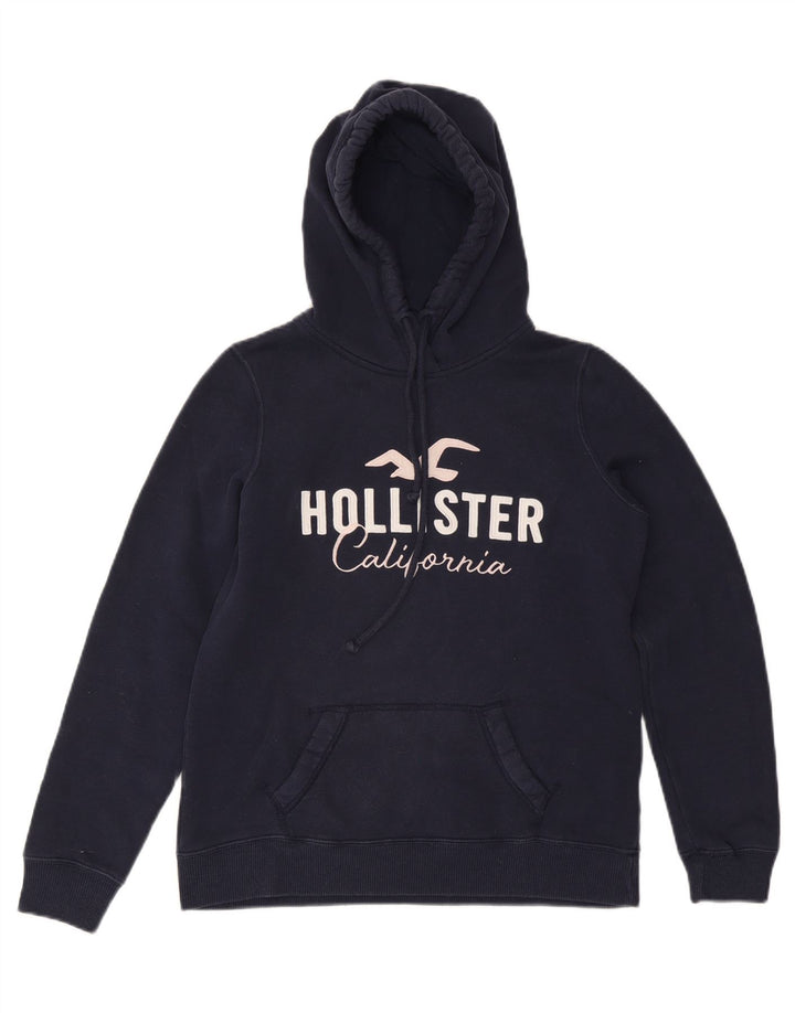 Suéter feminino com capuz gráfico HOLLISTER Reino Unido 14 algodão azul marinho médio