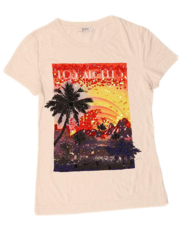 Camiseta feminina Guess Los Angeles com estampa gráfica UK 10 algodão branco pequeno