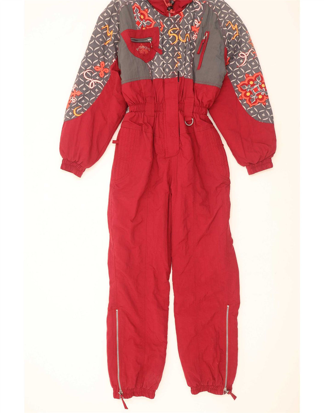 Macacão de esqui feminino X-Cape UK 10 pequeno nylon geométrico vermelho