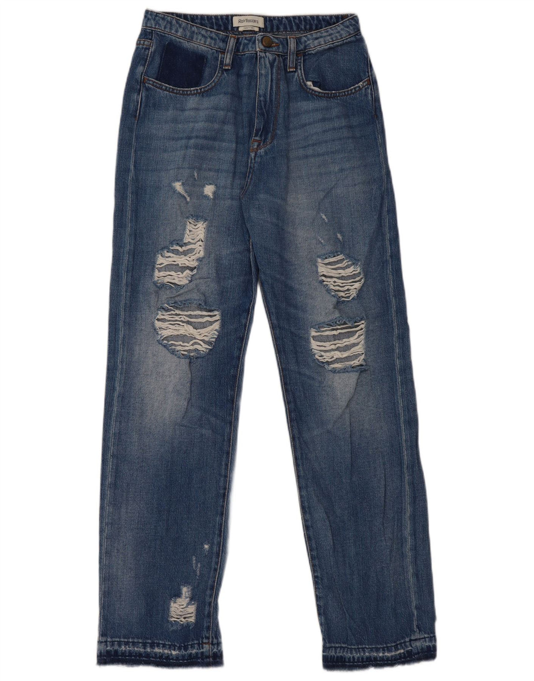 Calça jeans feminina Roy Rogers desgastada de cintura alta W27 L29 algodão azul