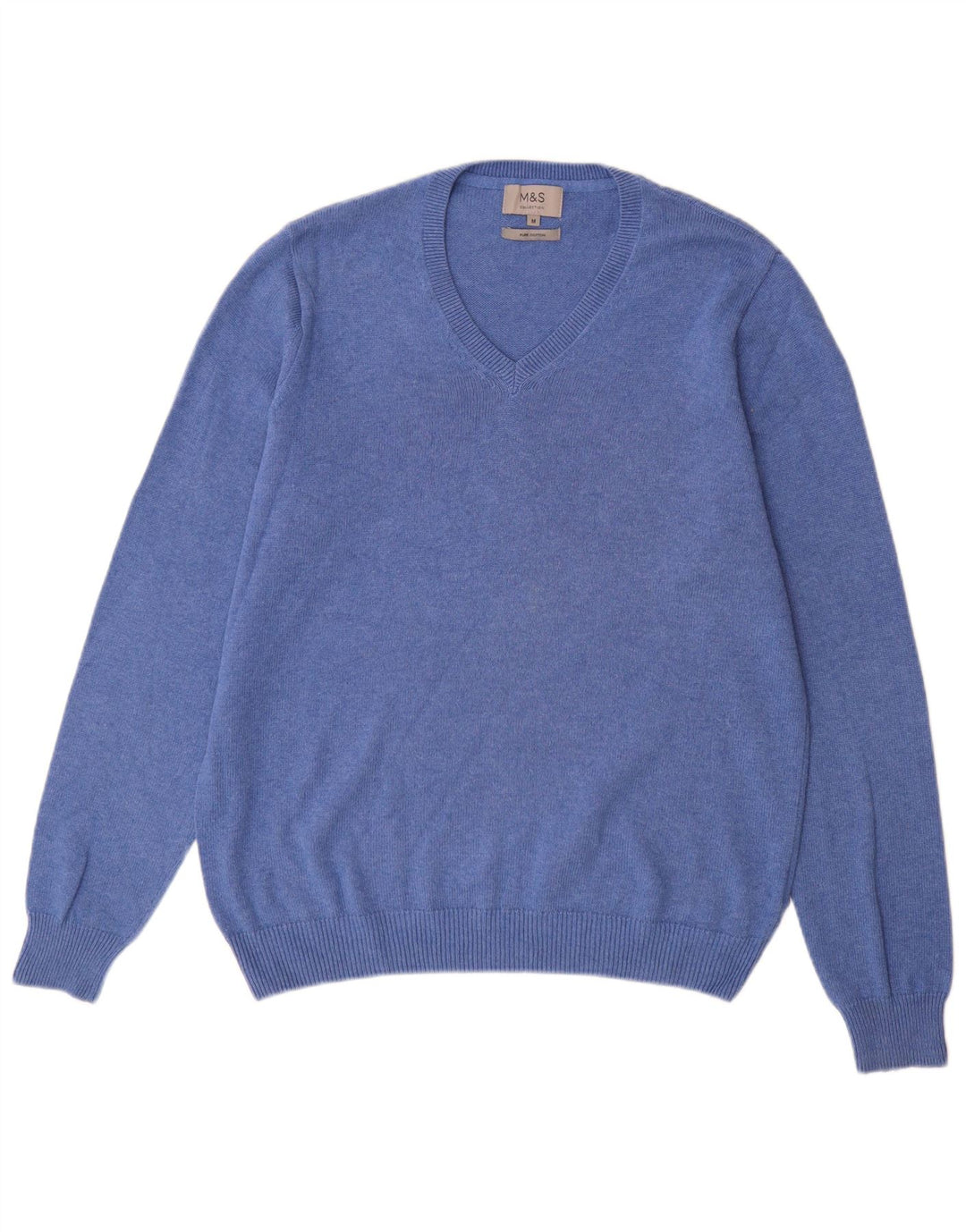 Suéter masculino Marks & Spencer com decote em V de algodão azul médio