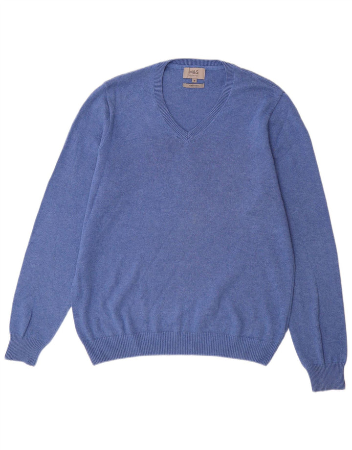 Suéter masculino Marks & Spencer com decote em V de algodão azul médio