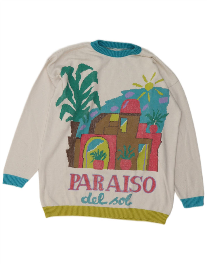 Suéter feminino VINTAGE com gola redonda Reino Unido 16 grande bloco colorido branco