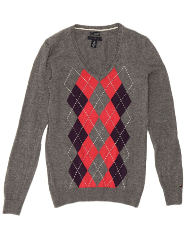 Suéter feminino TOMMY HILFIGER com decote em V UK 6 XS Cinza Argyle/Diamante