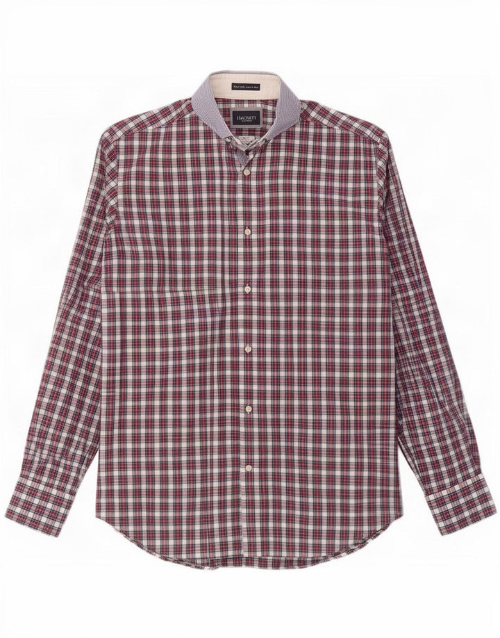 Hackett Camisa masculina slim fit pequena de algodão xadrez vermelho