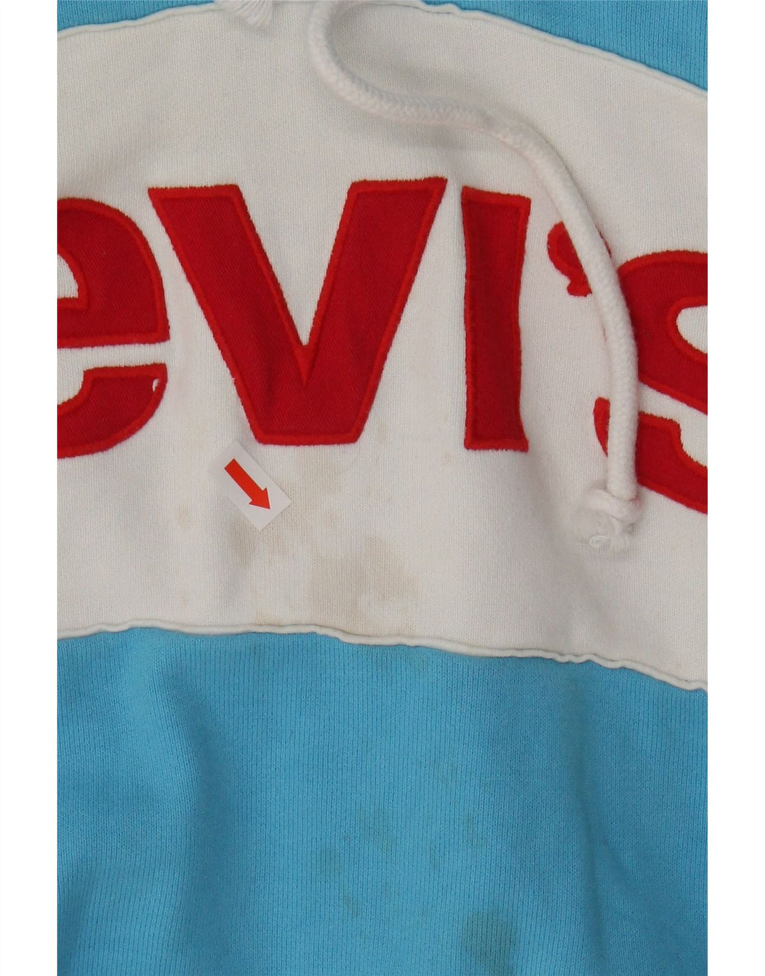 LEVI'S Womens Crop Graphic Hoodie Jumper UK 16 Large Blue Colourblock Vintage Levi's and Second-Hand Levi's from Messina Hembry 