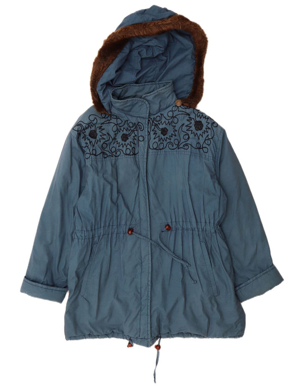 Casaco corta-vento feminino vintage com capuz grande UK 10 pequeno azul floral