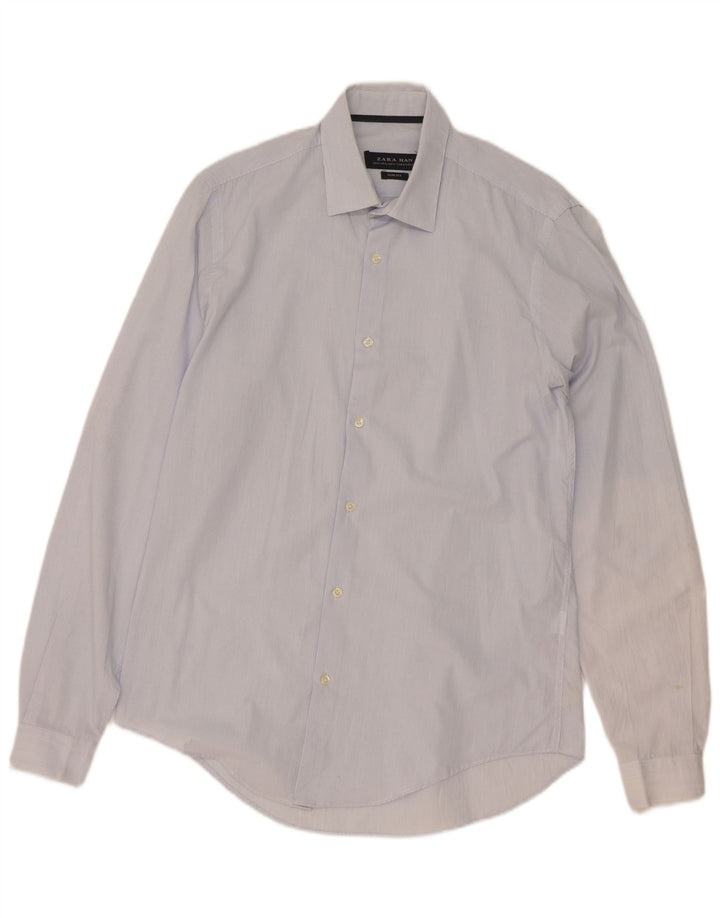 Zara Camisa masculina slim fit de algodão listrado azul médio