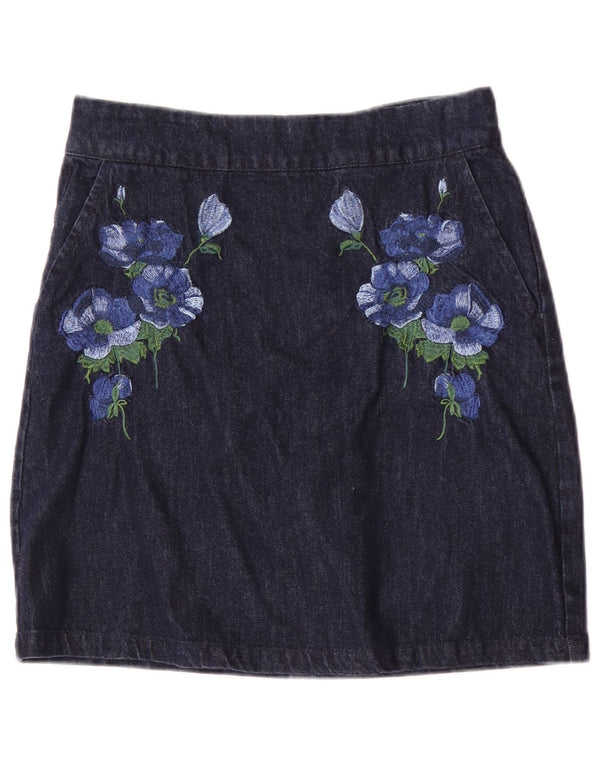 Saia jeans feminina Warehouse UK 10 pequena W28 algodão floral azul