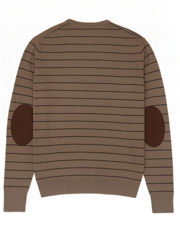 Tommy Hilfiger Suéter masculino com gola V e algodão listrado marrom médio