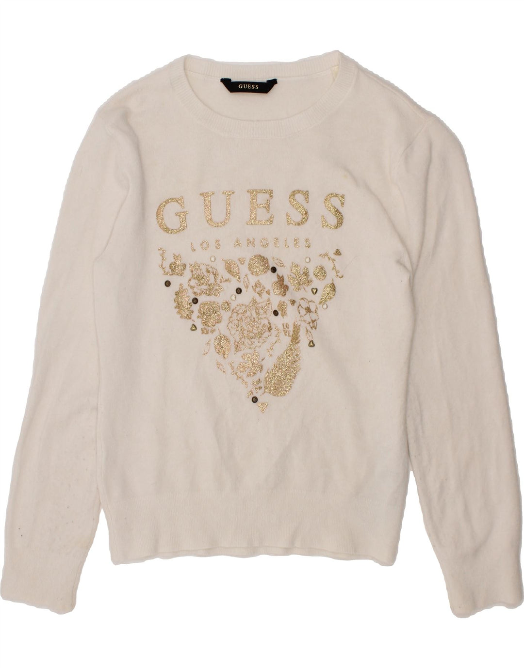 GUESS Girls Graphic Boat Neck Jumper Sweater 6-7 Years Off White Cotton Vintage Guess and Second-Hand Guess from Messina Hembry 