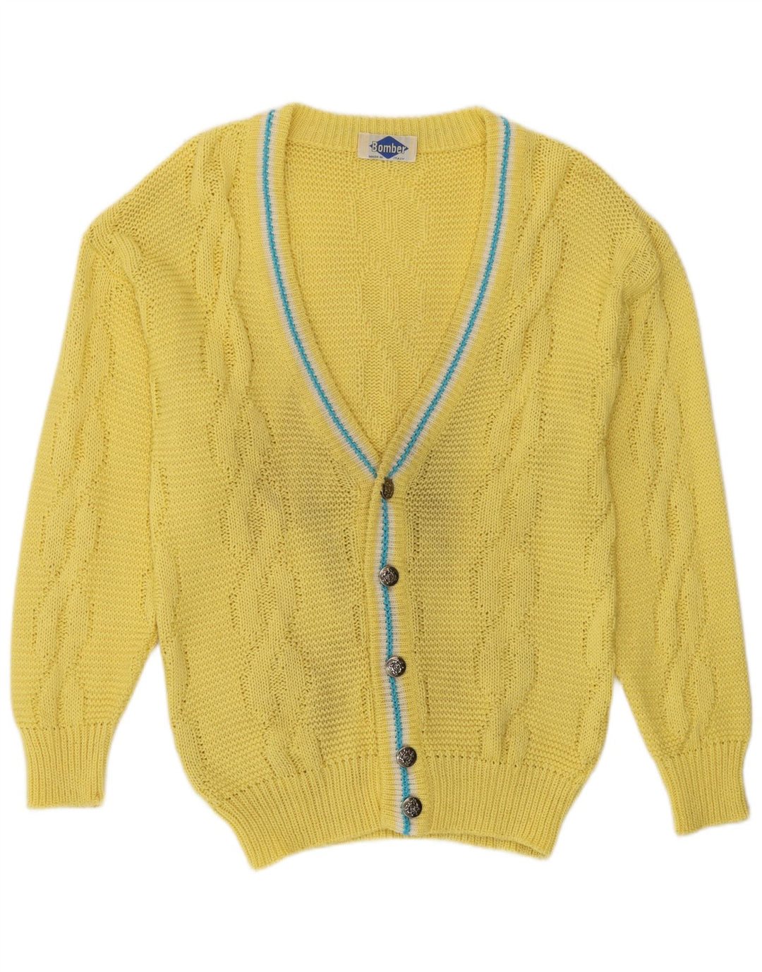 Suéter cardigã masculino vintage amarelo médio