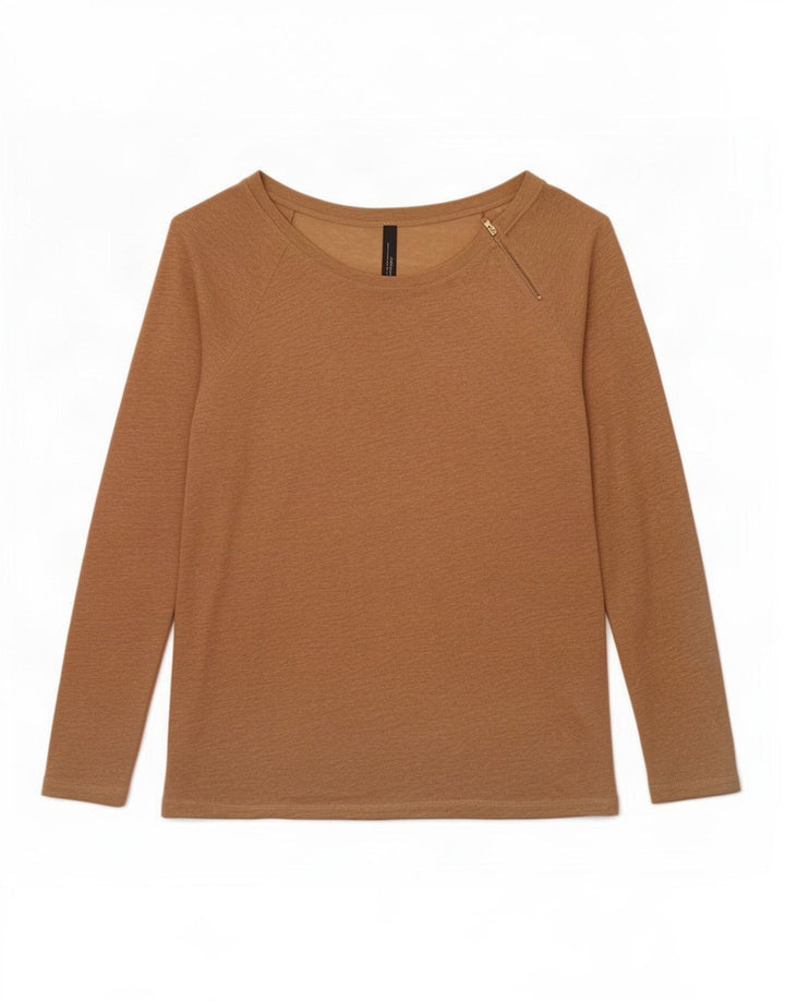 Top feminino Zara manga comprida UK 12 linho bege médio