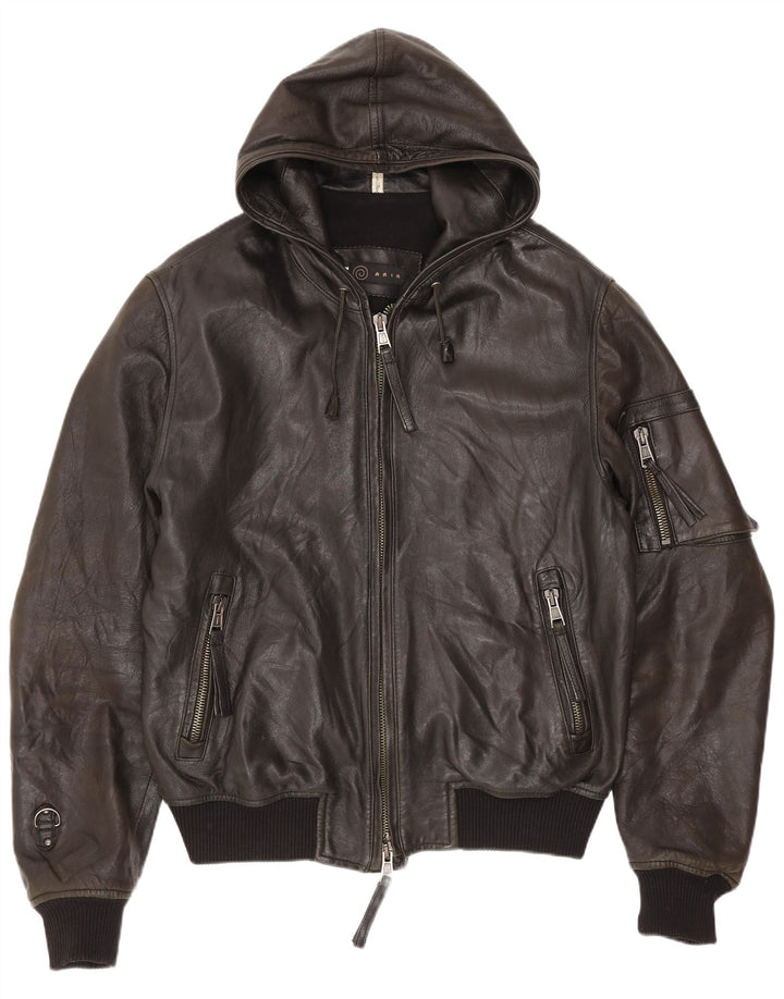 Jaqueta bomber masculina de couro com capuz Aria IT 50 grande preta