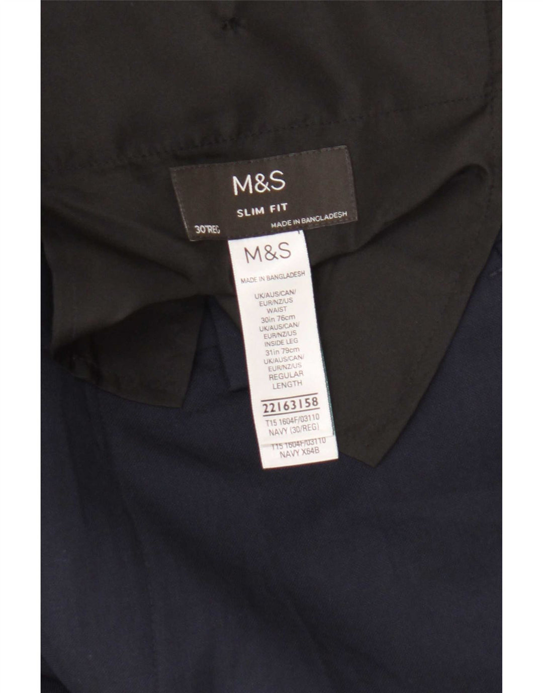 Calça casual masculina Marks & Spencer Slim Fit W30 L31 azul marinho poliéster