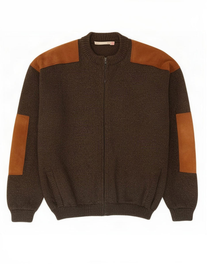 Suéter masculino vintage com zíper e bloco colorido cáqui médio