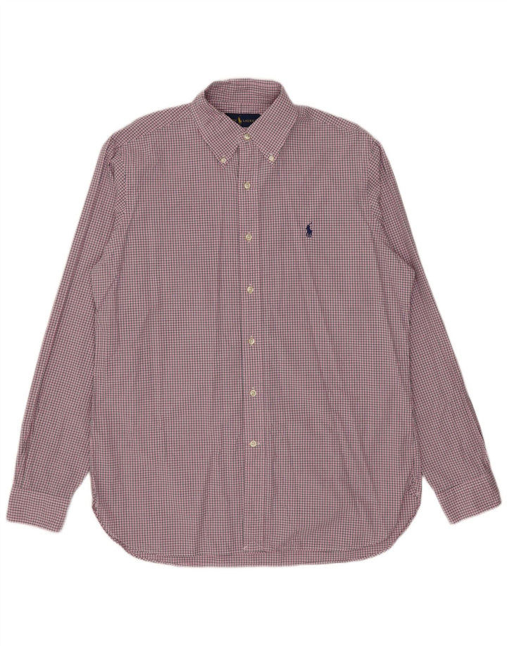 Camisa masculina Ralph Lauren tamanho 15 1/2 algodão xadrez rosa médio