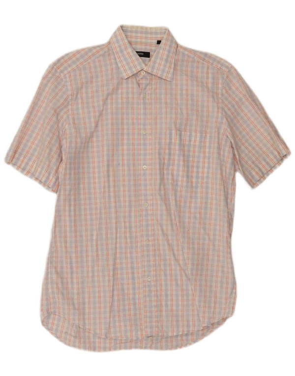 Camisa masculina de manga curta Hugo Boss tamanho 39 15 1/2 algodão xadrez branco médio