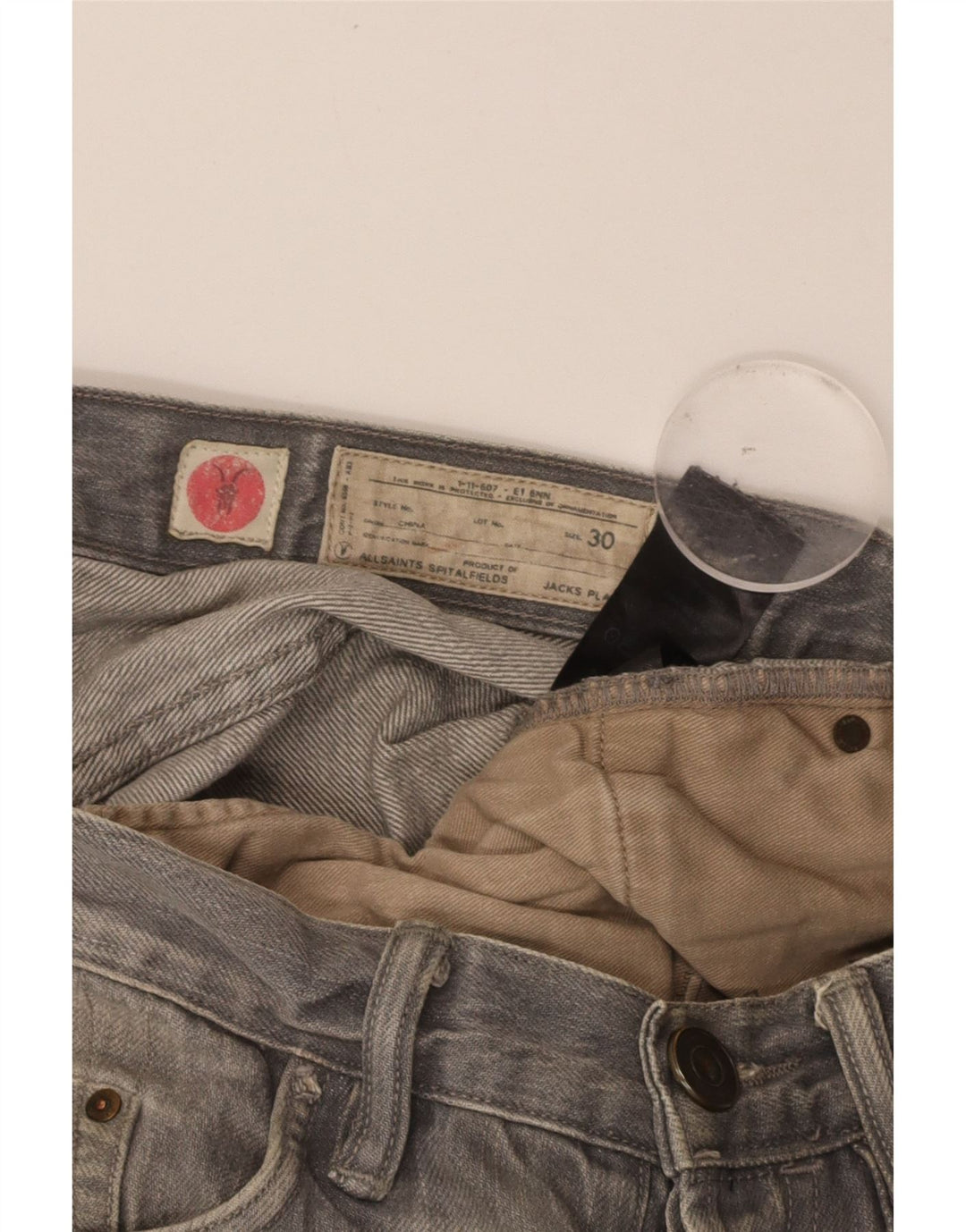 ALL SAINTS Calça jeans reta masculina W30 L31 algodão cinza