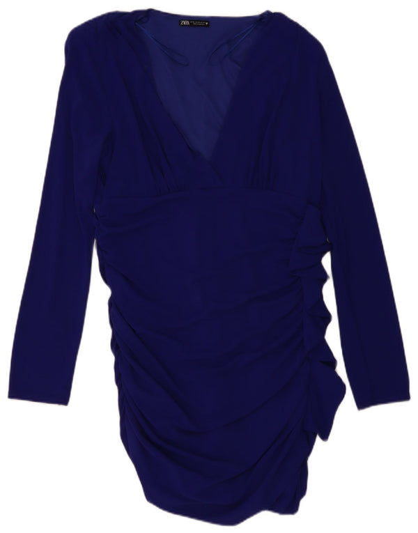 Vestido bodycon feminino Zara manga comprida UK 18 XL azul marinho poliéster