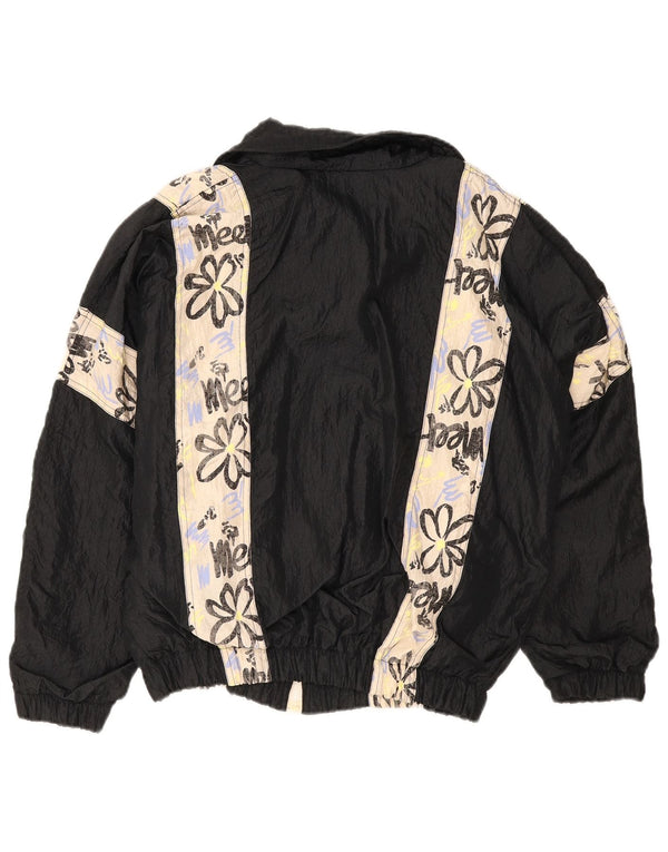 Jaqueta masculina vintage de ajuste solto, jaqueta média preta floral de nylon retrô