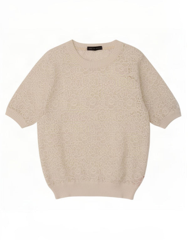 Blusa feminina de renda Marks & Spencer Reino Unido 12 algodão floral bege médio