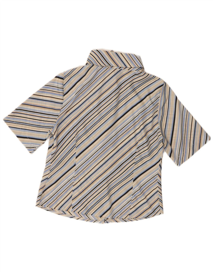 Camisa feminina vintage de manga curta UK 14 poliéster listrado azul médio